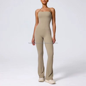 Body de yoga rosa con cuello halter y fruncido, de cintura alta, sin mangas, de una pieza, para mujer, ropa deportiva. - Product Image 5