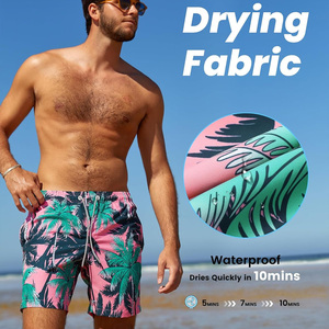 Drain Sports Men's Pink Tropical Palm Print Swim Shorts Quick Dry Anti-UV <b>Mid</b> Waist Drawstring Casual Beach Board Shorts - Product Image 2