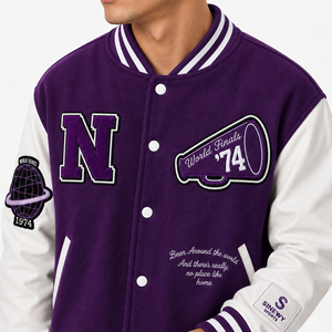 Purple Men's Varsity <b>Jacket</b> With Embroidered N Logo And Patch Preppy Style Wool Polyester Blend <b>Thick</b> Winter Coat - Product Image 4