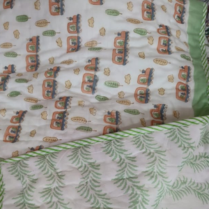 Cotton Quilt Set Reversible Cartoon Train Pattern Green Leaves Design All Season Home Travel Use Jaipur Hand Block Printed - Product Image 4