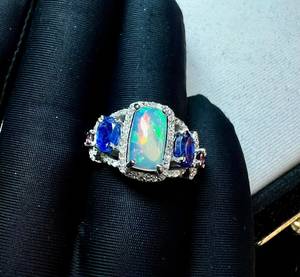 Natural Ethiopian <b>Opal</b>, <b>Blue</b> Sapphire And Pink Tourmaline Gemstone With Single Cut Diamond 925 Sterling Silver <b>Ring</b> - Product Image 6