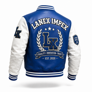 OEM Custom Baseball Letterman <b>Jacket</b> Blue & White with Chenille Embroidery PU Leather Sleeves Snap Button Closure Unisex <b>Jacket</b> - Product Image 3