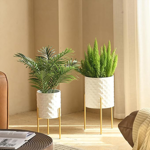 Modern Planter <b>Pots</b> Set of 2 White Planters with <b>Stand</b> Decorative Planters Metal <b>Pots</b> with Drainage Holes Metal Planters - Product Image 1