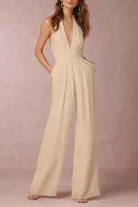 Elegante mono color marfil con cuello halter, espalda descubierta y pierna ancha - Product Image 4