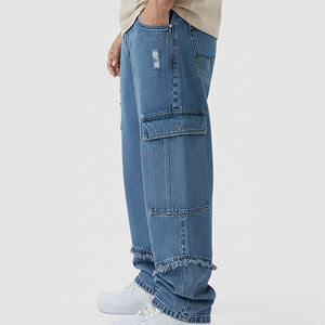 Jeans pour hommes de haute qualité, style vintage, bleu clair, délavé, streetwear, coupe droite, poches cargo latérales, pantalon hip hop - Product Image 5