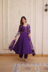 Ready Made Women's 3-Piece Silk Salwar Kameez Set Anarkali Kurta <b>Pant</b> Long Dress Traditional Diwali Vibrant Floral Prints - Product Image 3