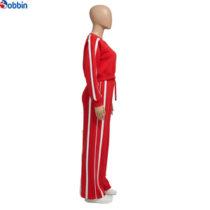 Conjunto Deportivo de Alta Calidad para Mujer, con Rayas Rojas, Sudadera de Manga Larga con Cuello Redondo y Cuello en V, Pantalones Deportivos Anchos, Conjunto Casual de 2 Piezas - Product Image 1
