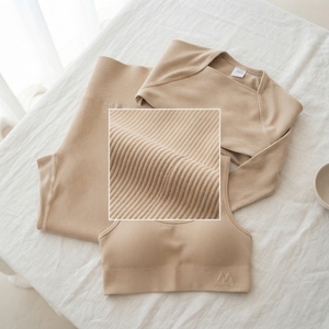 Women Beige Ribbed Yoga Set Long Sleeve <b>Bolero</b> Crop <b>Top</b> High Waist Leggings Gym Fitness Workout Activewear Two Piece Set - Product Image 6
