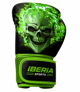 Gants de boxe noirs IBERIA Premium, imprimé crâne vert, gants d'entraînement en cuir PU, logo personnalisé, équipement sportif en gros OEM - Product Image 2