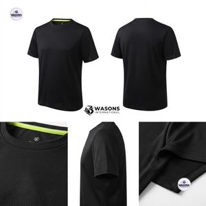 Wasons เสื้อยืดคอกลมแขนสั้นสีดำสำหรับผู้ชาย, เสื้อยืดลำลองทรงพอดีตัวเสื้อยืดถักสีพื้น - Product Image 2