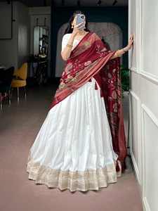<b>White</b> <b>Lehenga</b> Choli With Red Embroidered Dupatta For Traditional Indian Pakistani Wedding Wear - Product Image 1