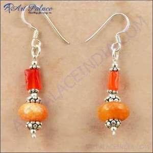 Pretty Carnelian & Yellow Aventurine Gemstone Beaded Silver <b>Earrings</b> Beads Silver <b>Earrings</b> <b>Hook</b> Beads <b>Earrings</b> - Product Image 1