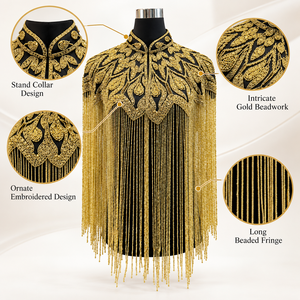 Cape noire et dorée à perles avec broderies complexes et longues franges pour tenues de soirée et costumes de scène - Product Image 6