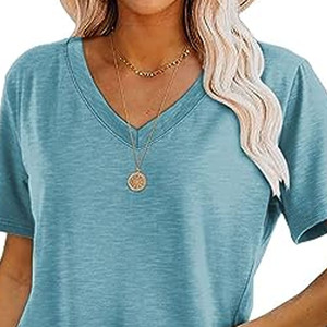 Camiseta de Mujer con Cuello en V, Manga Corta, Color Sólido, Corte Holgado, Informal, Verano, Transpirable, Tejido de Jersey de Algodón - Product Image 4