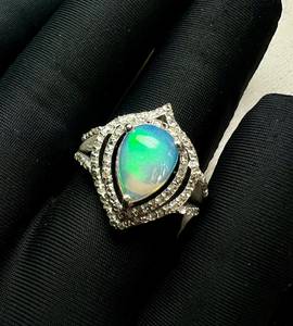 Natural Ethiopian Opal Gemstone with Single Cut Diamond 925 Sterling <b>Silver</b> Rhodium Plated Minimalist Cocktail <b>Ring</b> - Product Image 4