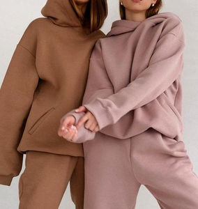 Ensemble sweat-shirt et pantalon de survêtement pour femmes, tricoté, respirant, doublé, automne-hiver, design de logo personnalisé, polyester/coton - Product Image 1