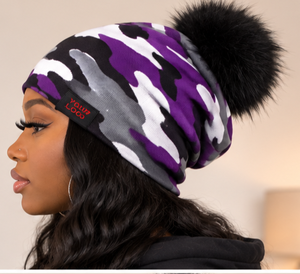 Custom Hand Knitted <b>Wool</b> Blend Jacquard Slouchy Camo <b>Beanie</b> with Faux Fur Pom Pom Streetwear Winter Hat - Product Image 2