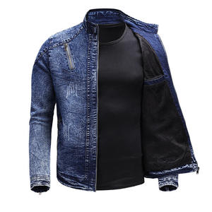 Chaqueta de Mezclilla para Hombre, Cuello Alto, Cierre de Cremallera, Transpirable, Corte Ajustado, Estilo Casual, Color Azul Lavado, Abrigo de Jean para Otoño - Product Image 1