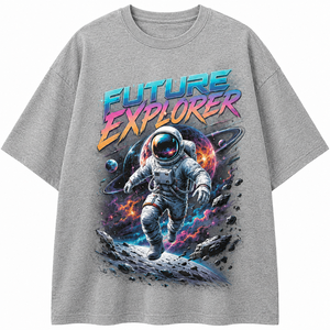 Camiseta de manga corta negra para hombre con estampado por transferencia térmica de astronauta Future Explorer, cuello redondo, corte regular, informal, de tela de rizo - Product Image 1