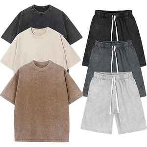 Men Urban Style T Shirt Shorts <b>Set</b> Acid Wash Summer Cotton Casual Loose Fit Matching Outfit - Product Image 1