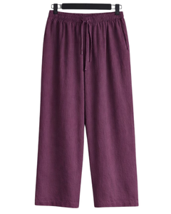 Ensemble deux pièces en lin bordeaux pour femme, chemise à manches longues boutonnée et pantalon large à taille élastique, tenue décontractée - Product Image 5