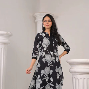 ชุดเซ็ตพิมพ์ลายดอกไม้ ชุดเซ็ตผ้าฝ้ายพิมพ์ลายดอกไม้สำหรับฤดูใบไม้ผลิและฤดูร้อน ชุดคุर्ตาพิมพ์ลายดอกไม้พร้อมกางเกงปาลาซโซ่ ชุดเซ็ตผ้าฝ้ายแท้ - Product Image 1