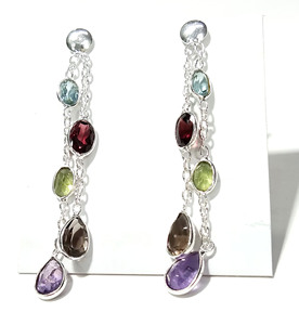925 <b>Silver</b> Natural Multicolor Gemstone Drop <b>Earrings</b> Amethyst Garnet Peridot Smoky Quartz Bezel Setting Bohemia Style Women's - Product Image 2