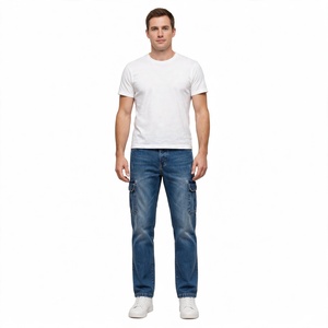 Jean en denim pour homme, taille mi-haute, coupe droite, en coton, délavé, coupe classique, décontracté, respirant, séchage rapide, écologique, été - Product Image 2