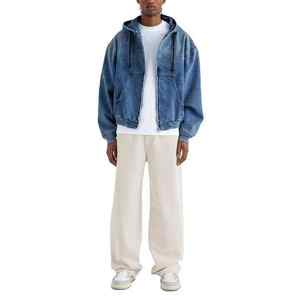 Sweat à capuche en jean pour homme avec logo personnalisé, délavage bleu vintage, brodé, poche kangourou, coupe oversize, décontracté, hiver, 100% coton - Product Image 1