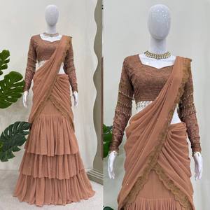 Conjunto de Lehenga Saree de Georgette Sintético Marrón Listo para Usar con Choli Bordado – Moderno y Elegante - Product Image 4