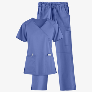 Ensemble de blouses bleues pour femmes, haut à col en V avec pantalon à cordon de serrage, uniformes d'hôpital, tissu tissé en polyester - Product Image 2
