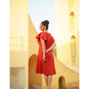 Vestido maxi informal estilo bohemio para mujer, vestido midi holgado y cómodo de algodón y lino rojo con cuello redondo y manga corta - Product Image 2