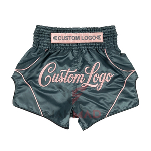 Pantalones Cortos de Boxeo con Logotipo Personalizado para Mujer, Color Verde Oscuro con Ribete Rosa, Impresión por Transferencia de Calor, Ropa de Lucha MMA Muay Thai, Corte Regular para Adultos - Product Image 1