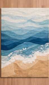 Tapis rectangulaire à motif vagues côtières, en polyester tufté et moelleux, avec envers antidérapant en caoutchouc, idéal pour le salon - Product Image 2