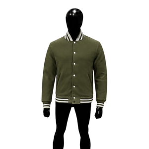 Chaqueta universitaria de lana color oliva para hombre, chaqueta de béisbol personalizada con letras, con cuello, puños y dobladillo acanalados con rayas blancas, estilo clásico. - Product Image 1