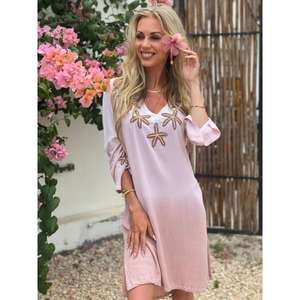 ชุดเดรสยาวปานกลางปักลายสไตล์โบฮีเมียน คอวี แขนยาว สีชมพู สำหรับผู้หญิง สวมใส่สบายๆ ในฤดูร้อน - Product Image 4