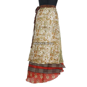 Falda Larga Cruzada de Seda Virgen Marrón con Ribete a Cuadros, Reversible de 2 Capas, Estilo Sari Mágico, Elegante y Versátil - Product Image 2
