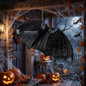 Décoration suspendue en rotin, chauve-souris noire de luxe en osier, chauve-souris volante effrayante, ornement durable gothique pour table et plafond d'Halloween - Product Image 3