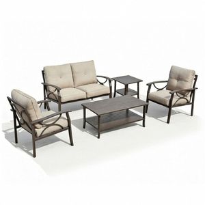 Set di Mobili da Giardino in Metallo per Tutte le Stagioni, 5 Pezzi, Telaio Color Kaki con Cuscini Beige, Divano da Conversazione Spesso 4 Pollici, 4 Posti - Product Image 4