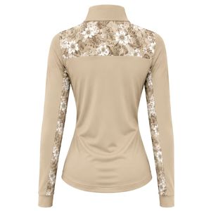 Khaki <b>Women</b> <b>Quarter</b> <b>Zip</b> Sports Pullover Top Floral Sleeve Insert Long Sleeve Equestrian Riding Fitness Wear - Product Image 2