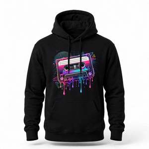 Sudadera con capucha negra gruesa especial de invierno con estampado gráfico retro de cinta de casete con efecto neón, estilo urbano, unisex. - Product Image 1