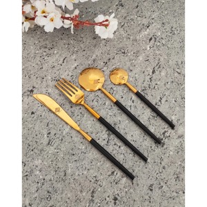 Ensemble de couverts de luxe moderne en or avec manche noir, compatible lave-vaisselle, pour mariage, ustensiles de table, couverts en métal poli miroir - Product Image 1
