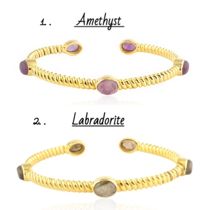 Natural Amethyst Labradorite Cuff <b>Bracelet</b> 18k Gold Plated Twisted Cable Texture Open Bangle Artisan Gemstone Adjustable Jewelry - Product Image 1