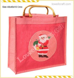 Lowellcraft JCH01892 Christmas Santa Printed Jute Shopping <b>Bag</b> with Bamboo Handle Red Color <b>Medium</b> <b>Size</b> - Product Image 3