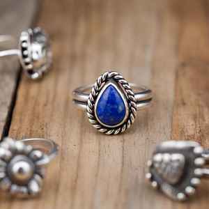925 Sterling Silver Boho Vintage-Inspired Handmade Statement <b>Ring</b> Natural <b>Lapis</b> <b>Lazuli</b> Pear Gemstone Fine Bohemian Jewelry - Product Image 5