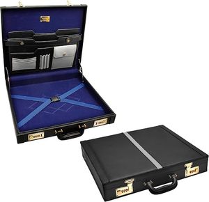 NANBA GROUP Sacoche de Maître Maçon en Cuir Noir avec Serrure à Combinaison Dorée, Doublure en Velours Bleu, 5 Compartiments - Product Image 1