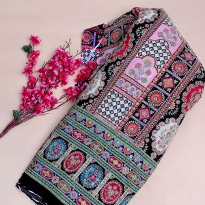 Tissu Crêpe Classique Noir Jais Lourd Brodé Légèrement Ethnique 54 Pouces Motif Floral Arche Daman pour Salwar - Product Image 4