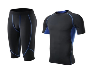 Men's Black Blue Compression Rash Guard Set Short Sleeve Quick Dry Sportswear for Training Swim <b>Surf</b> Fitness - Product Image 1
