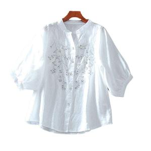 Women's Elegant Floral Embroidery Chiffon Blouse 2026 Ivory White Puff Sleeve V-Neck Button <b>Down</b> Luxury Party Wear Summer Top HD - Product Image 2