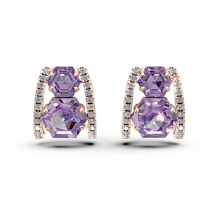 Rose <b>Gold</b> Plated Amethyst Stud Earrings With Round Diamond Accents Geometric Luxury Design For Women Party Jewelry - Product Image 1